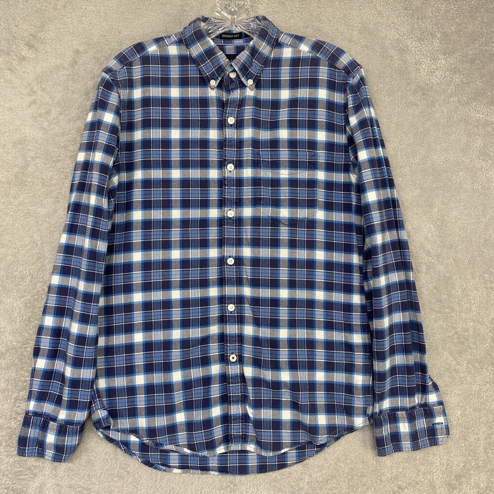 American Eagle Mens‎ Small Blue White Plaid Seriously Soft Button Down Shirt